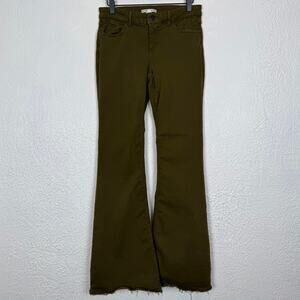 Alice + Olivia Olive Green Flare Leg Raw Hem Jeans Size 29